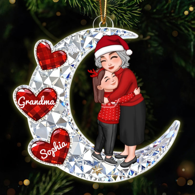 3D Crystal Effect Grandma Grandkid Hugging on Moon - Personalized Acrylic Ornament - Christmas Gift for Grandma, Grandkids