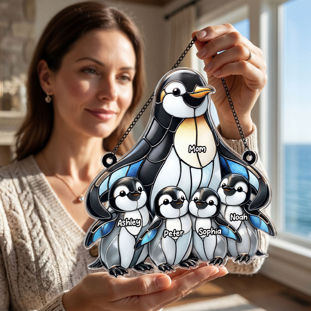 Penguin Mom and Kids - Personalized Acrylic Suncatcher - Mother's Day Gift for Mom, Wife