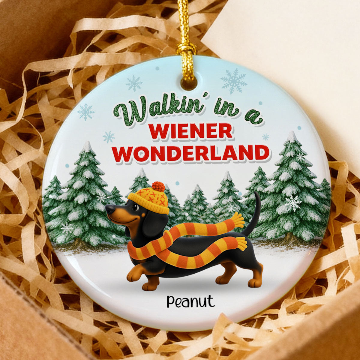 Christmas Dachshunds Walking In A Wiener Wonderland - Personalized Ceramic Ornament - Gift For Dachshund Lovers