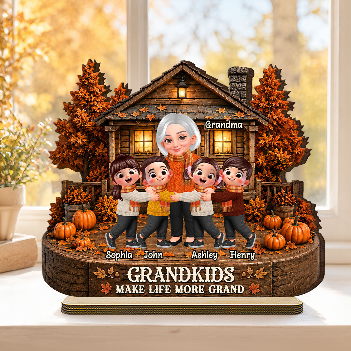 Grandma Grandkids Fall Season - Personalized 2-Layered Wooden Plaque - Gift For Wife, Grandmas