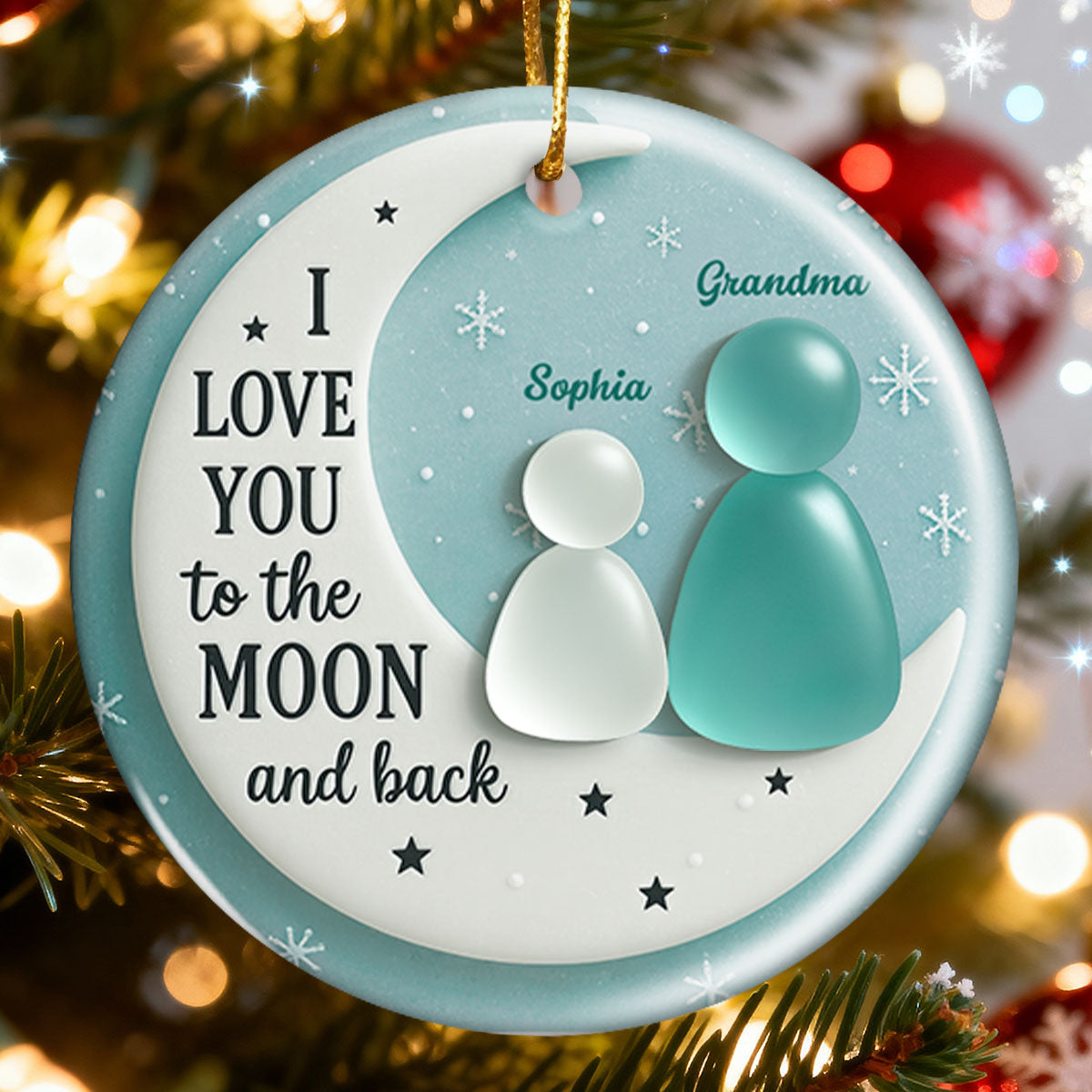 3D Sea Glass Effect Grandma And Grandkid On Moon - Personalized Ceramic Ornament With Acrylic Pieces