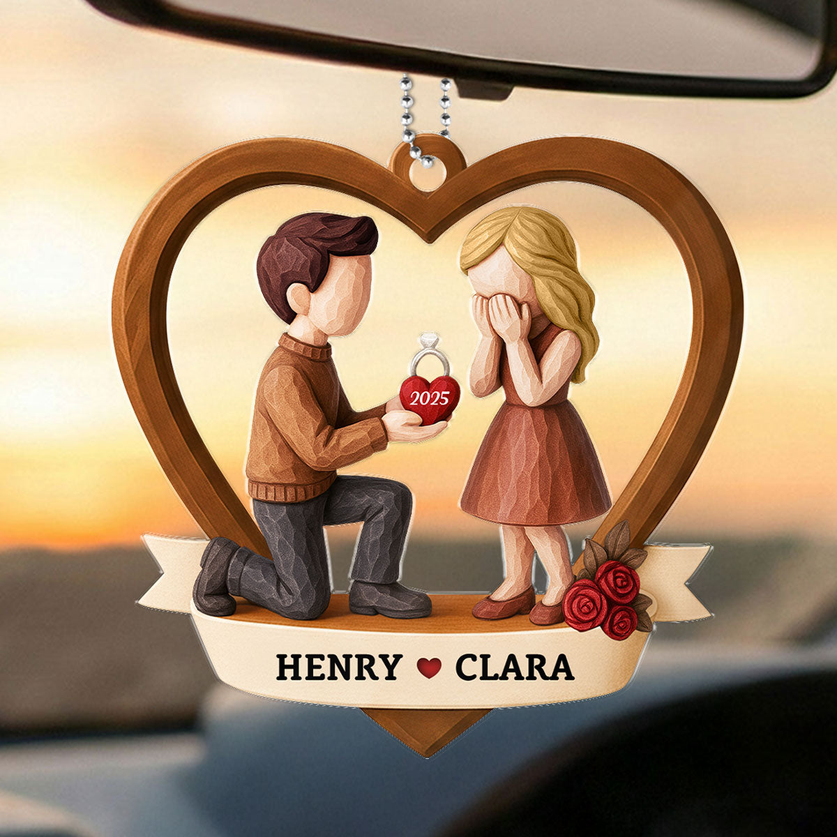 Couple Marriage Proposal 3D Wooden Effect - Personalized Acrylic Car Hanger - Newly Engaged Gift, "She Said Yes!"