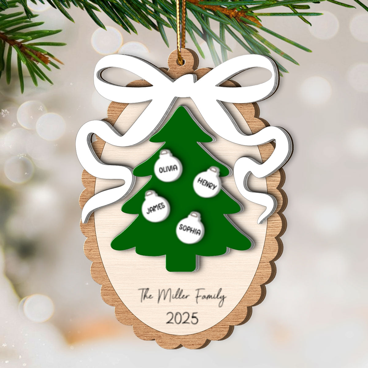 Family Christmas Tree Scalloped Bow - Personalized Spinning Charm Ornament