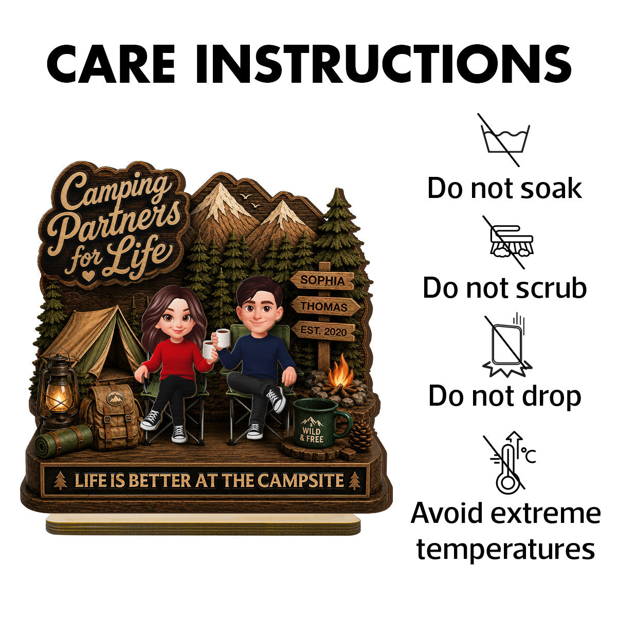Camping Partners For Life 2D Flat - Personalized 2-Layered Wooden Plaque