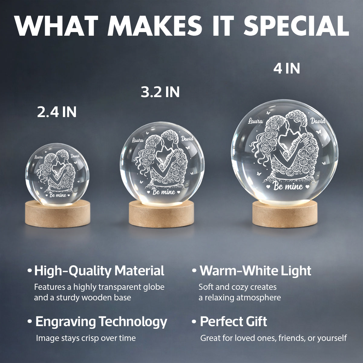 Couple Romantic Roses Love - Personalized Crystal Ball LED Night Light - Sentimental Valentine's Day Gift for Her, for Him