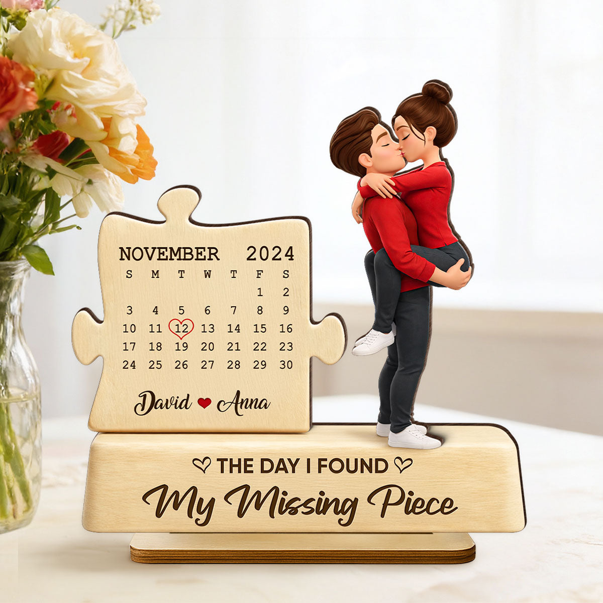 The Missing Piece Couple Kissing - Personalized 2-Layered Wooden Plaque - Anniversary, Valentine's Day Gift, Gift For Him, Gift For Her
