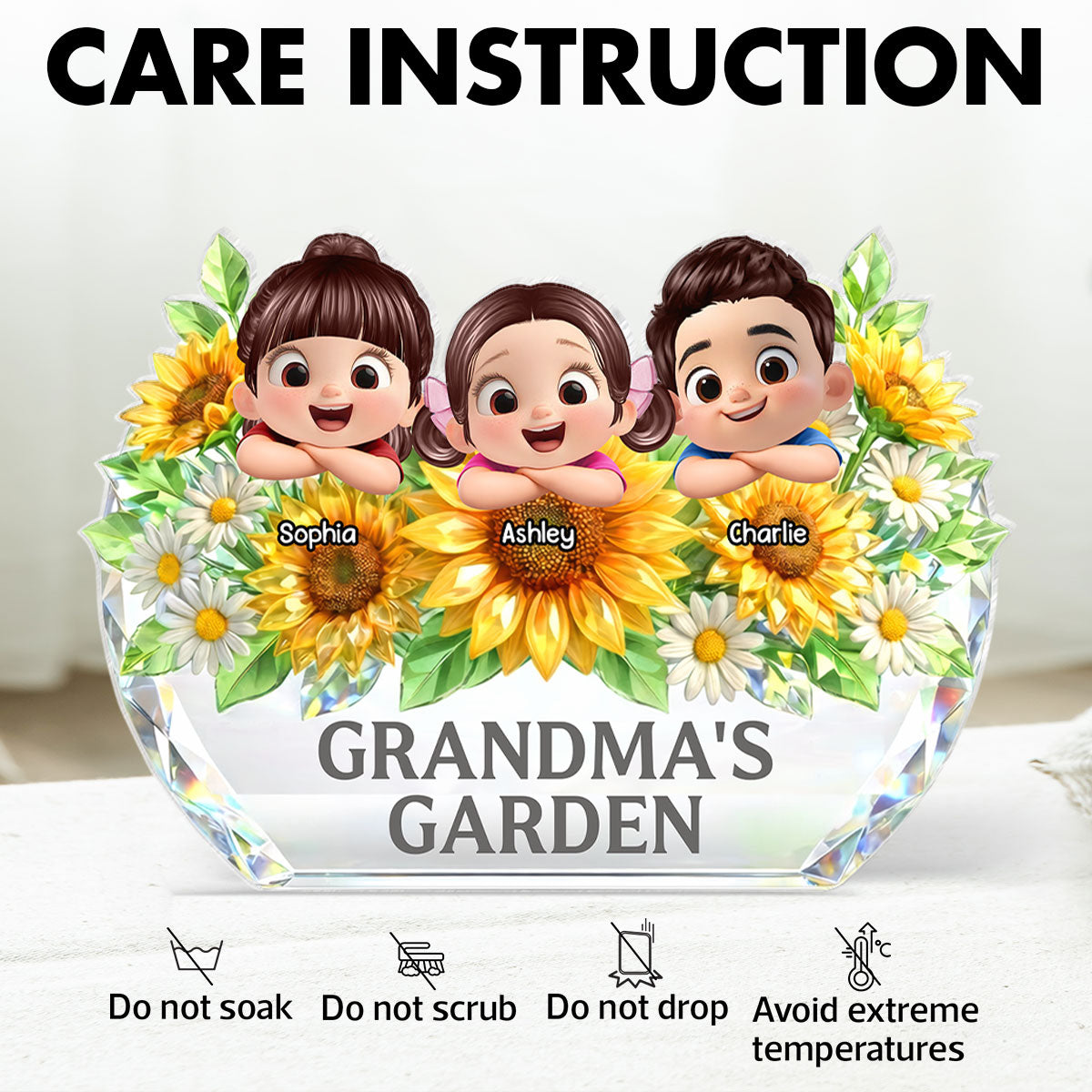 Grandma's Sunflower Garden - Personalized Acrylic Block Plaque - Mother's Day Gift for Grandma, Mom, Wife