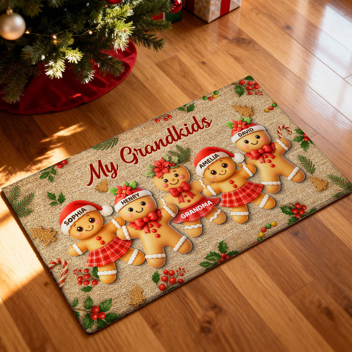 Gingerbread Grandparents and Grandkids - Personalized Doormat - Christmas Gift for Family
