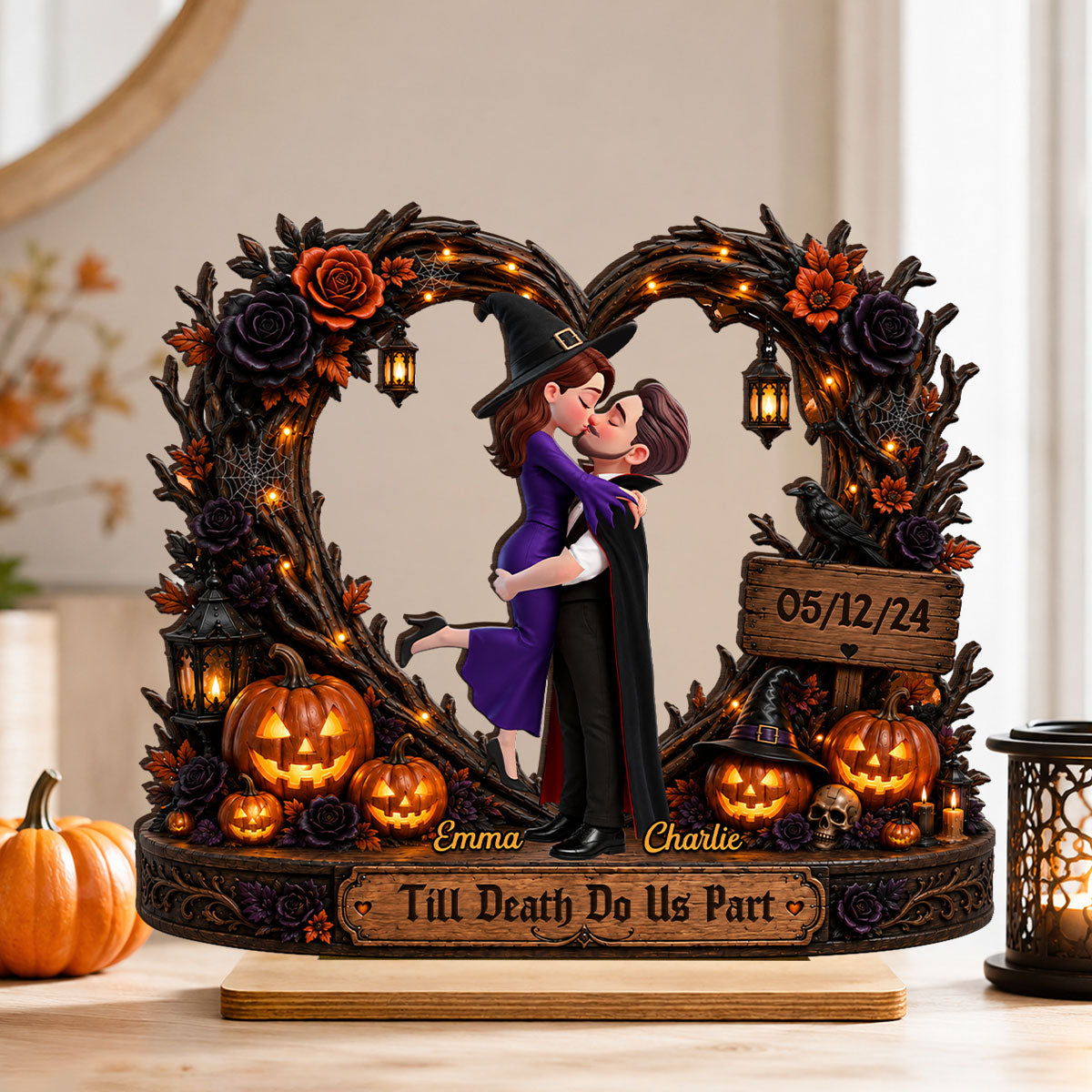 Spooky Couple Heart Till Death Do Us Part - Personalized 2-Layered Wooden Plaque - Halloween Decor Gift, Gift For Couple