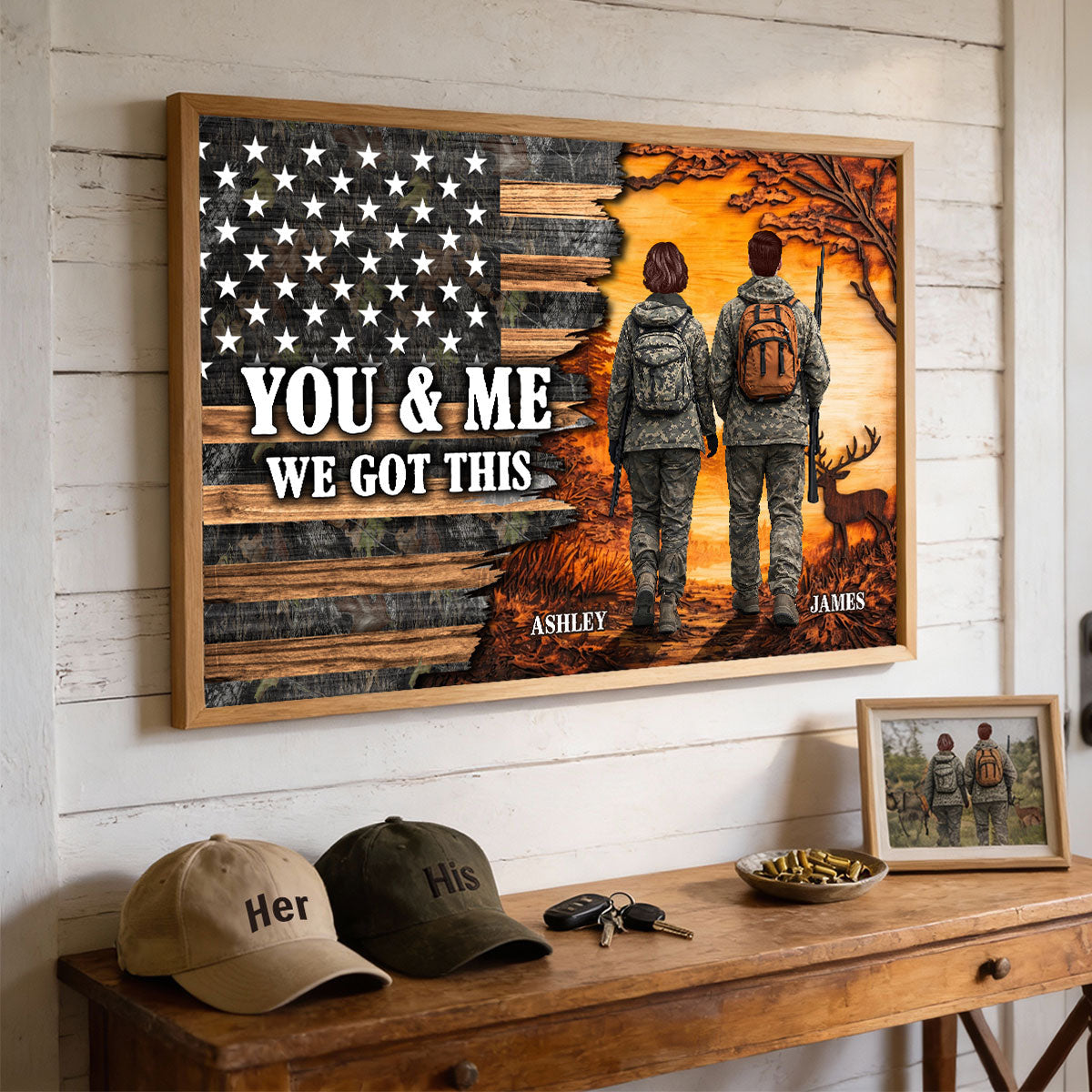 Eternal Love Back View Hunting Couple Half Nation Flag - Personalized Poster - Gift For Hunting Couple, Hunters, Gift For Him, For Her