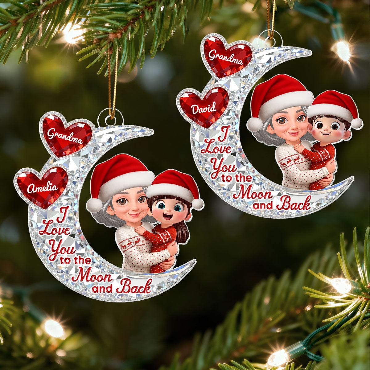 3D Effect Flat Moon Grandma Grandkid Love You To The Moon And Back - Personalized Acrylic Ornament - Christmas Gift For All Grandkids