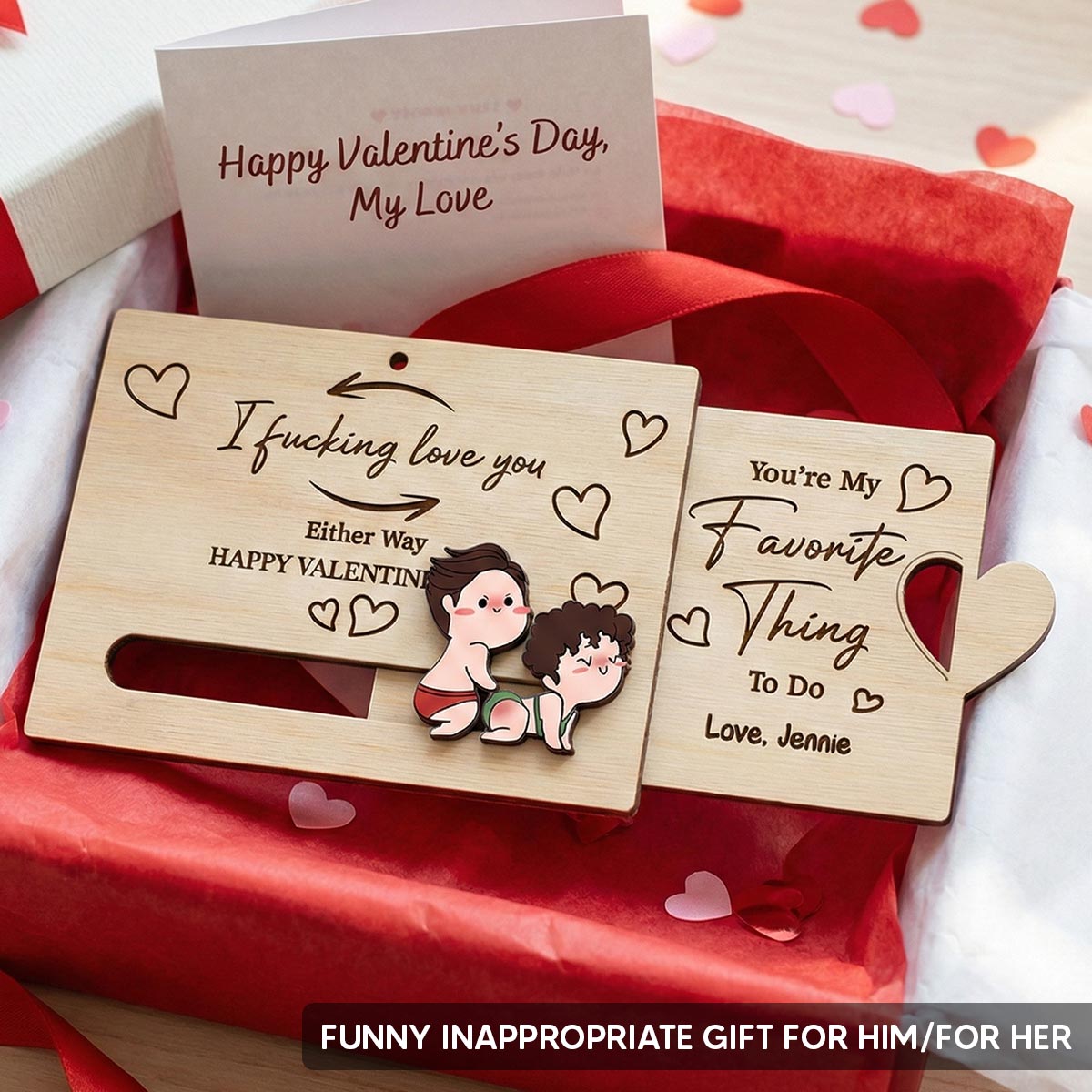 I Fcking Love You Funny Inappropriate Couple Cartoon Style - Personalized Wooden Slider Ornament - Valentine's Day Gift For Him, For Her