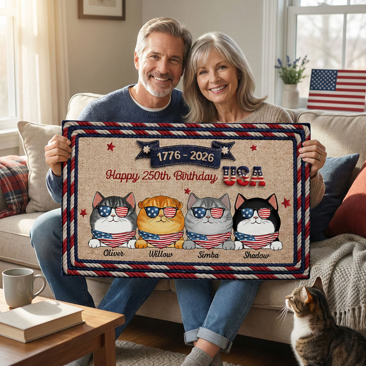 USA 250th Birthday Patriotic Flag Cat Faux Yarn Pattern - Personalized Doormat - Gift For Cat Lovers