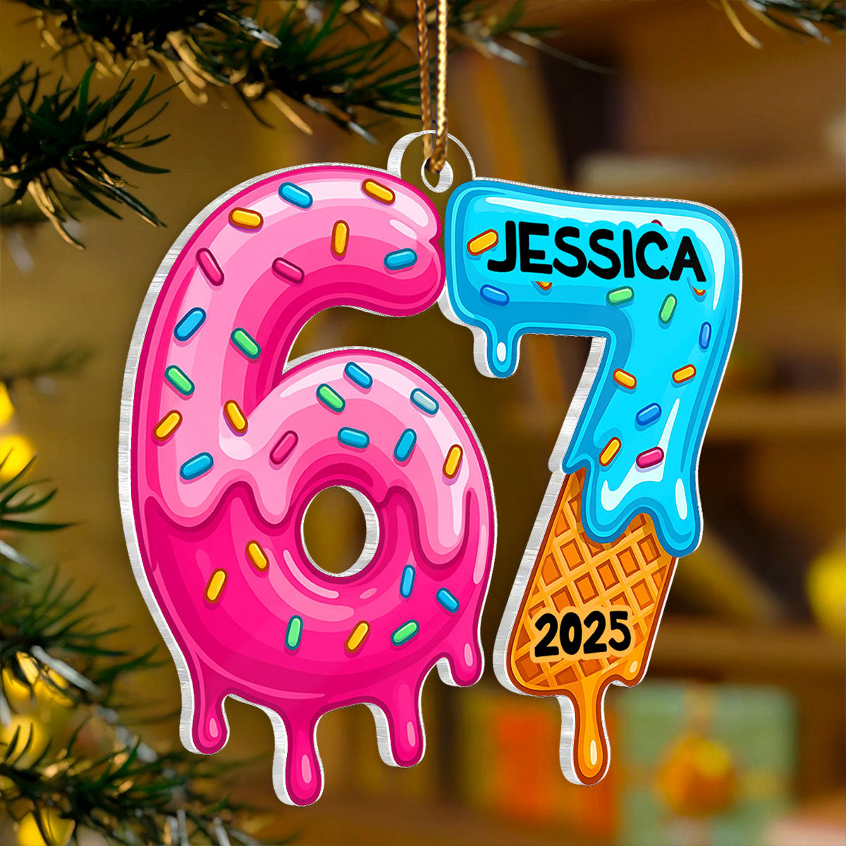 Custom Six Seven Christmas Cake Pattern - Personalized Acrylic Ornament - Teen Slang Funny Tree Decor, Funny Teen Grandkid Gift