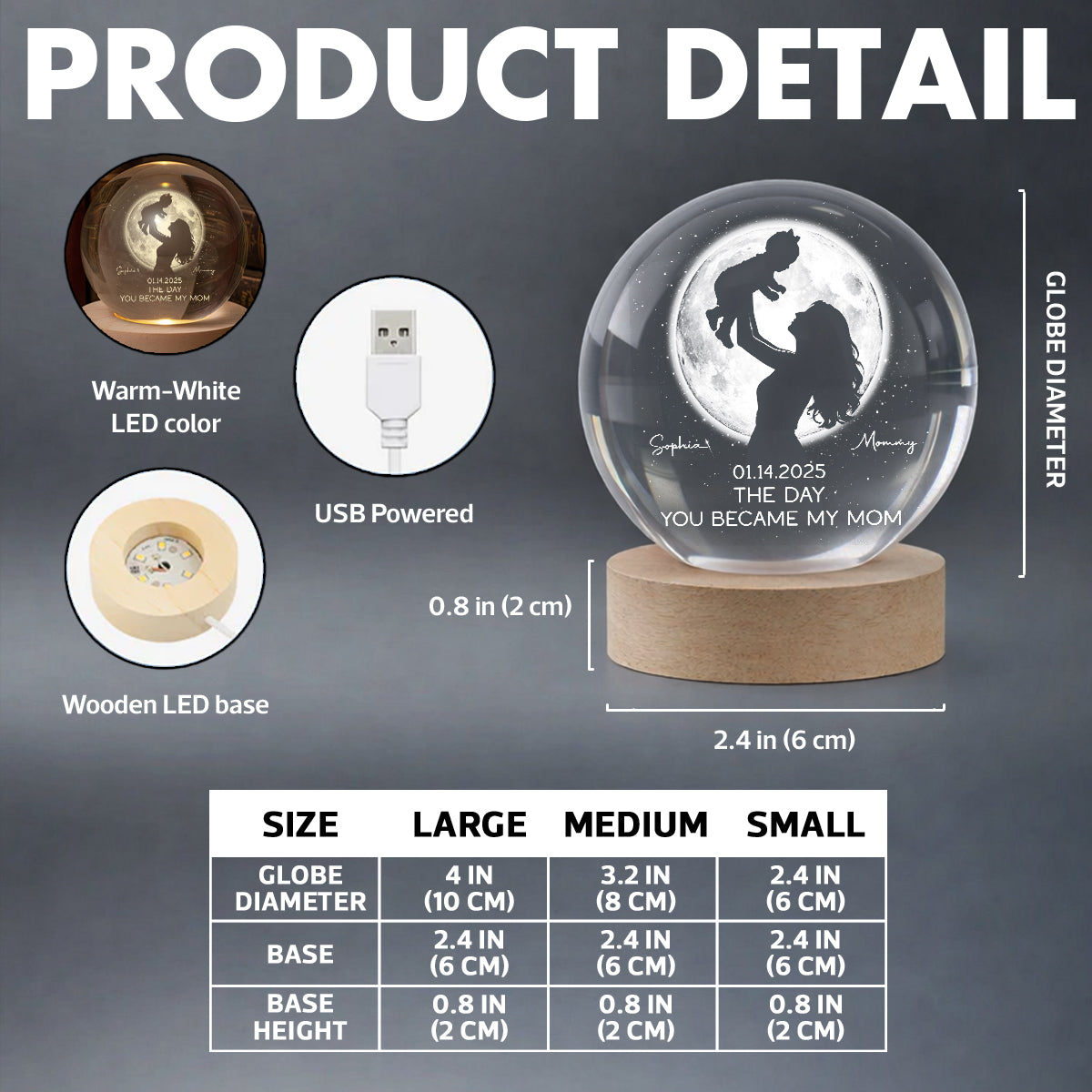 Mom Hugging Kid, The Day You Became My Mom Custom Moon Phase by Date - Personalized Crystal Ball LED Night Light - Mother's Day Gift for Mom