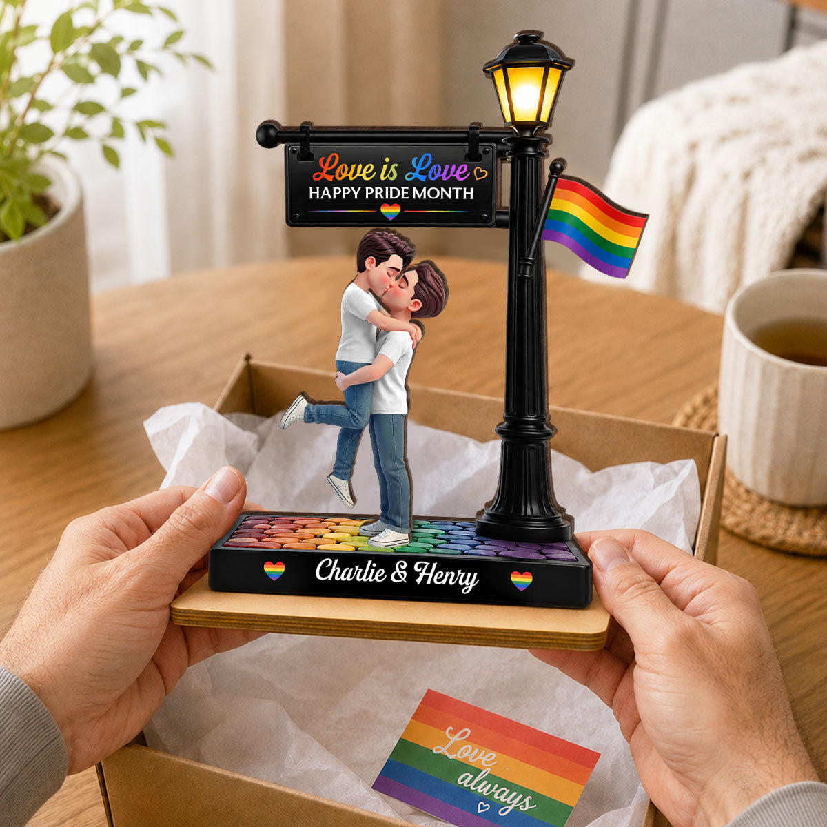 LGBT Couple Under Lamp Post - Personalized 2-Layered Wooden Plaque - Gift For Couple, Happy Pride Month