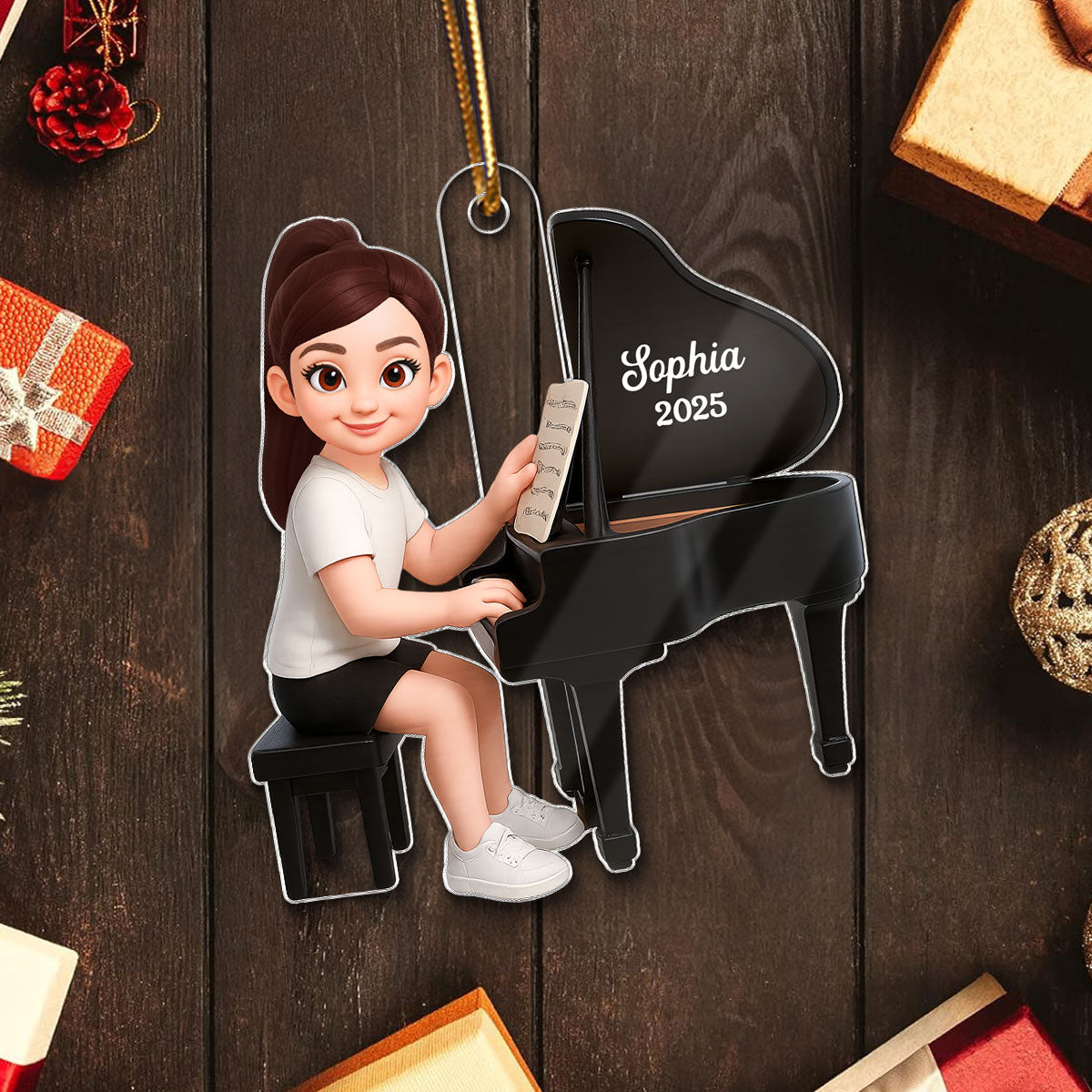 Christmas Girl Boy Playing Piano - Personalized Acrylic Ornament - Gift For Pianists, Performers, Piano Lovers