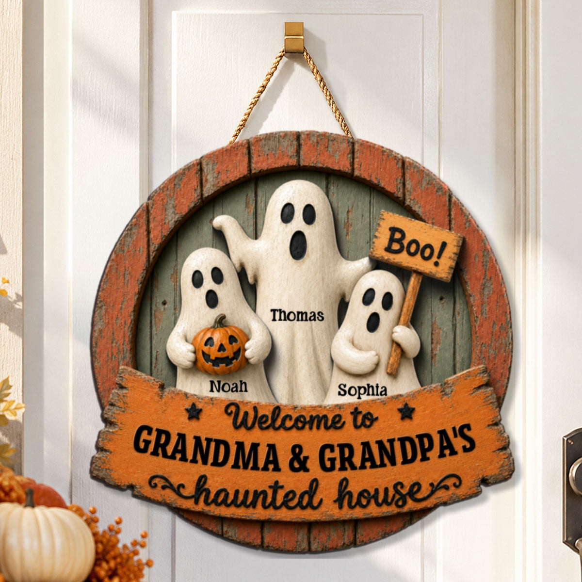 Welcome to Grandma Grandpa's Haunted House - Personalized Door Hanger - Halloween Decor for Grandparents