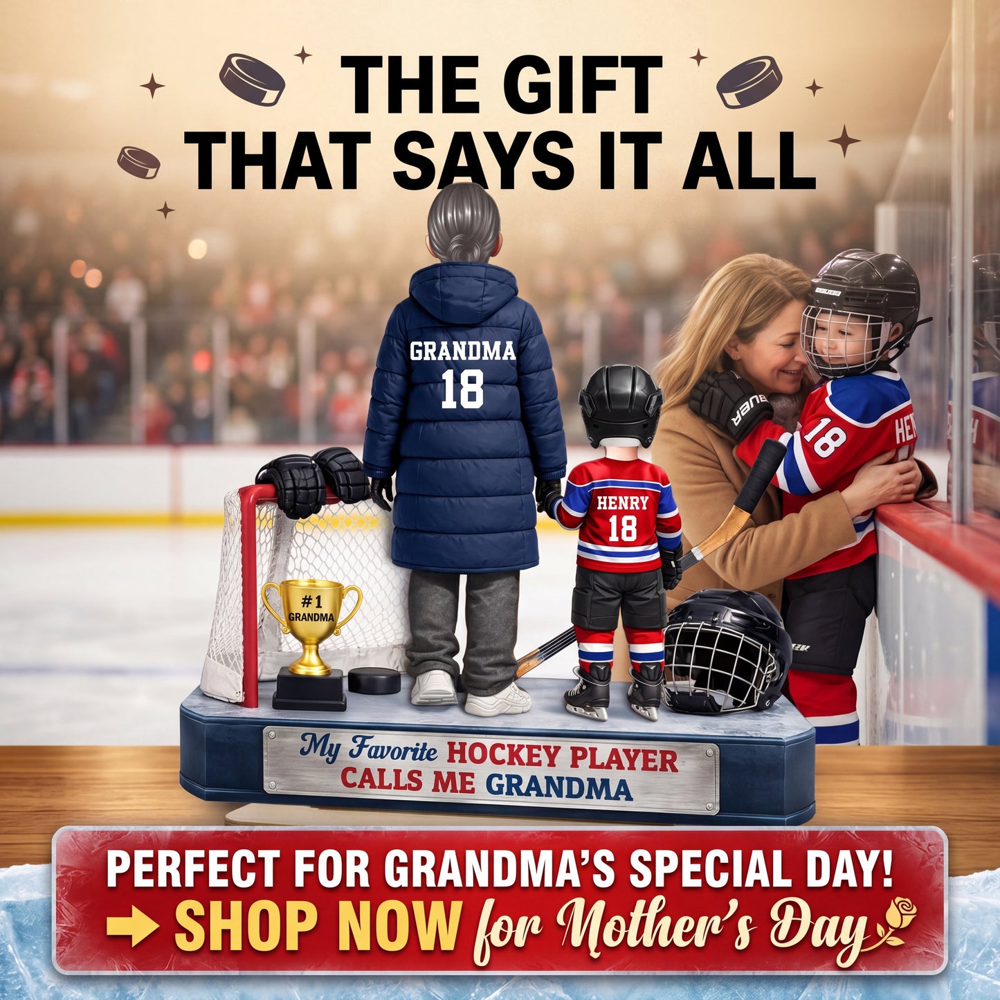 Grandma Hockey And Grandkids - Personalized 2-Layered Wooden Plaque - Heartfelt Gift For Grandma