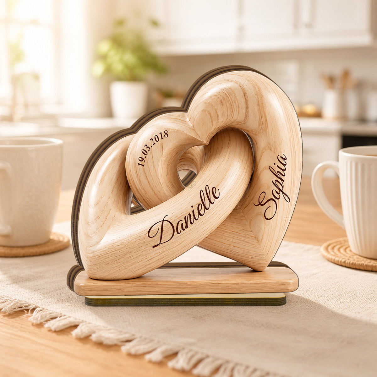 Interlocked Hearts Couple 2D Flat Plaque - Personalized 2-Layered Wooden Plaque - Gift for Him, for Her
