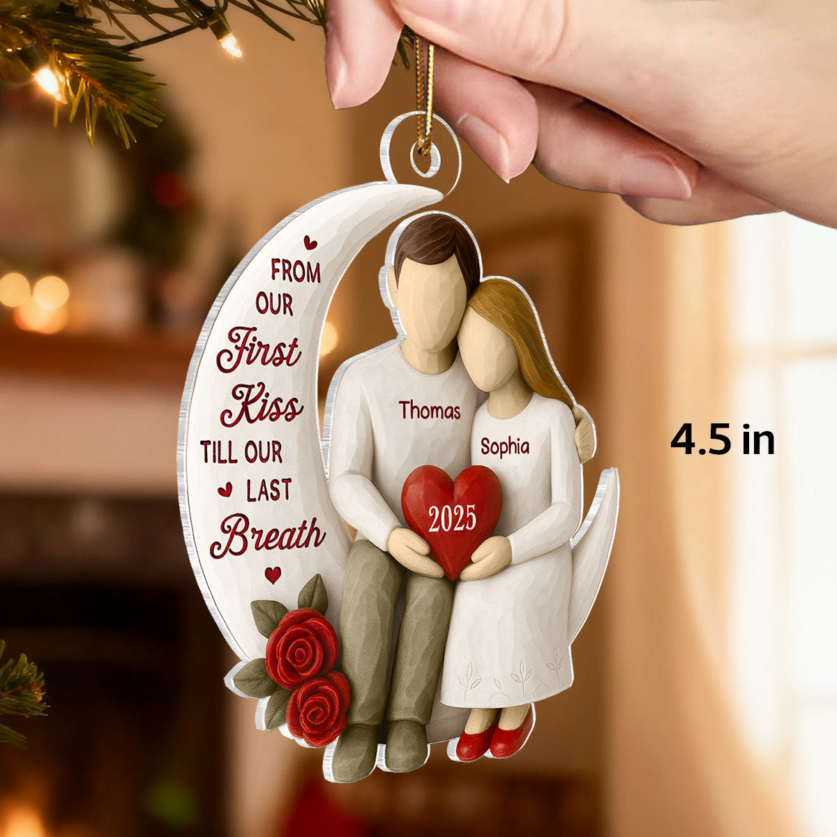 3D Effect Roses Wooden Texture Couple On Moon - Personalized Acrylic Ornament - Christmas Gift For Couple