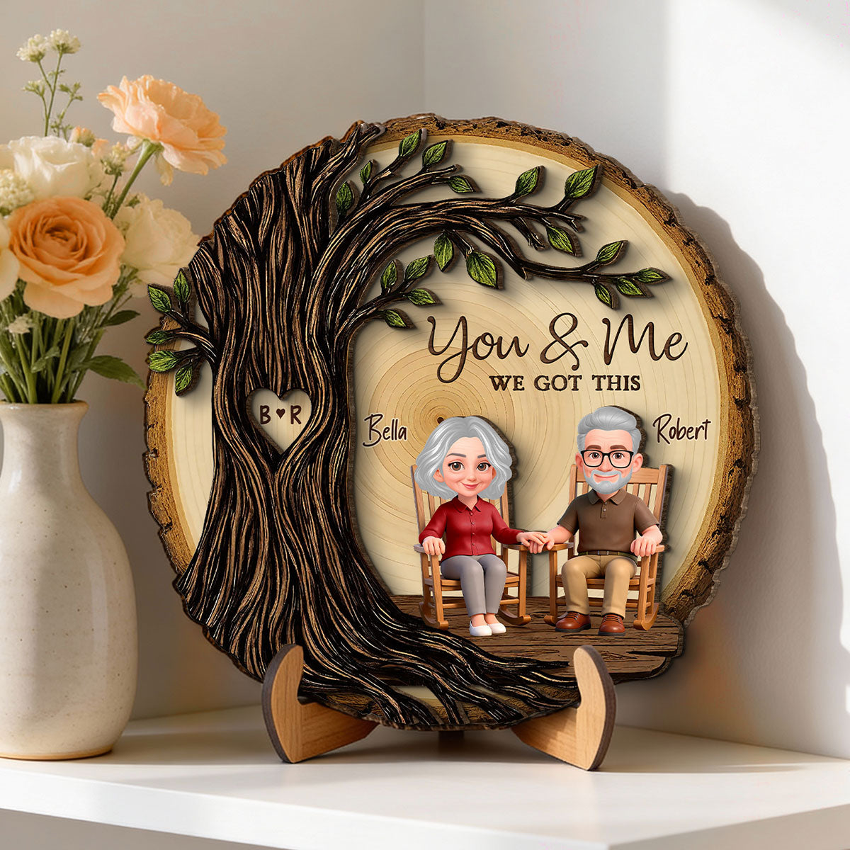 Old Couple Rocking Chair Under Heart Carved Tree - Personalized 2-Layered Wooden Plaque - Valentine's Day Gift For Couple