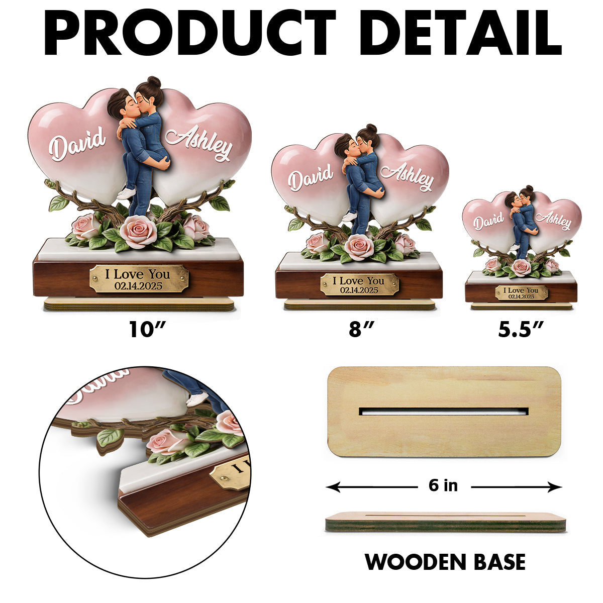 I Love You Couple Heart Rose - Personalized 2-Layered Wooden Plaque - Anniversary, Valentine's Day Gift, Gift For Him, Gift For Her