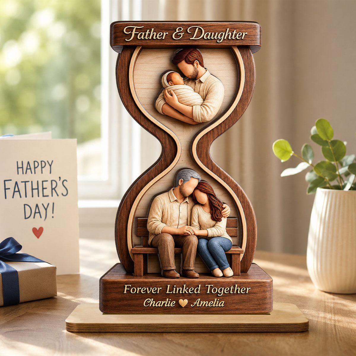 Father & Daughter Forever Linked Together - Personalized 2-Layered Wooden Plaque - Heartfelt Gift For Dad, Husband