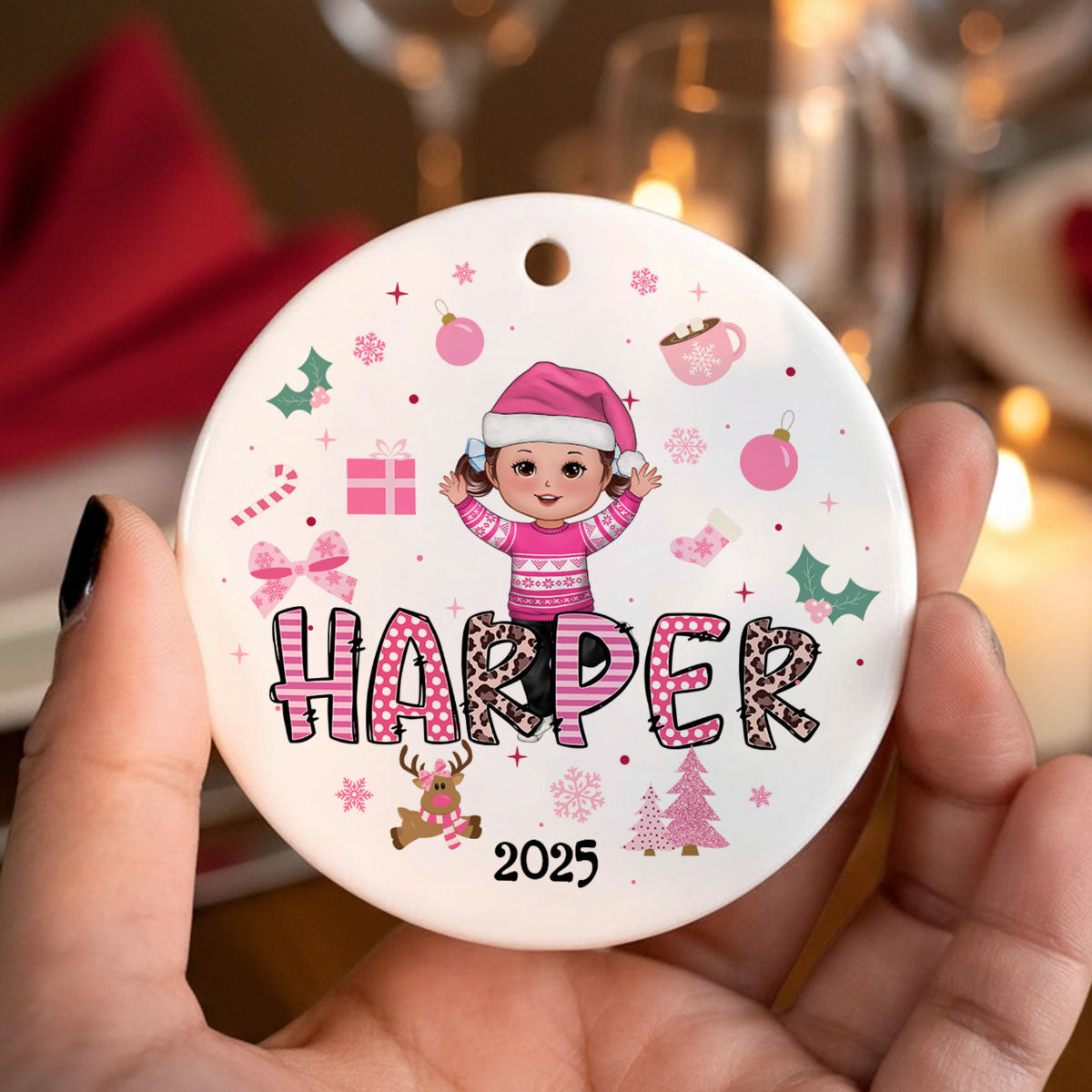 Pink Theme Cute Doll Girl Name Christmas - Personalized Ceramic Ornament - Gift For Daughter, Granddaughter