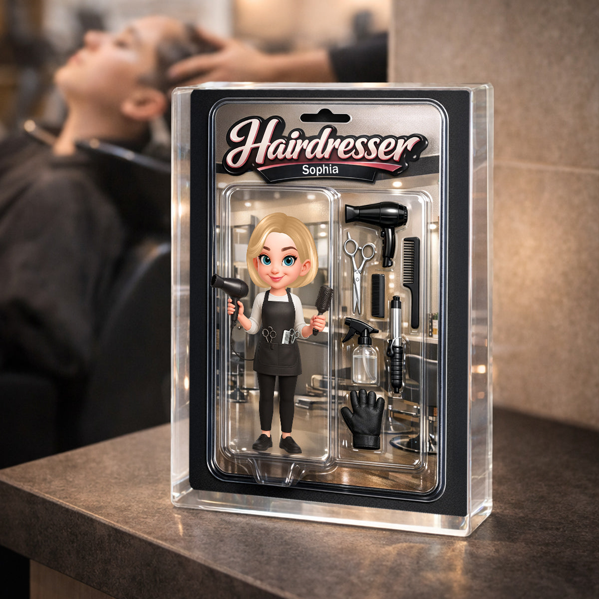 3D Effect Woman Hairdresser Action Figure - Personalized Acrylic Block Plaque - Gift For Hairdressers