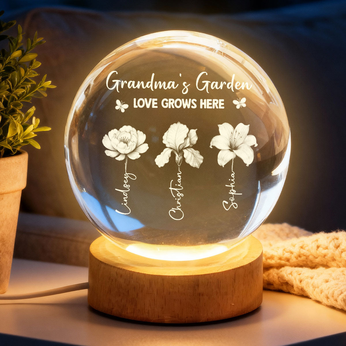 Grandma's Garden 3D Effect Birth Month Flowers - Personalized Crystal Ball LED Night Light