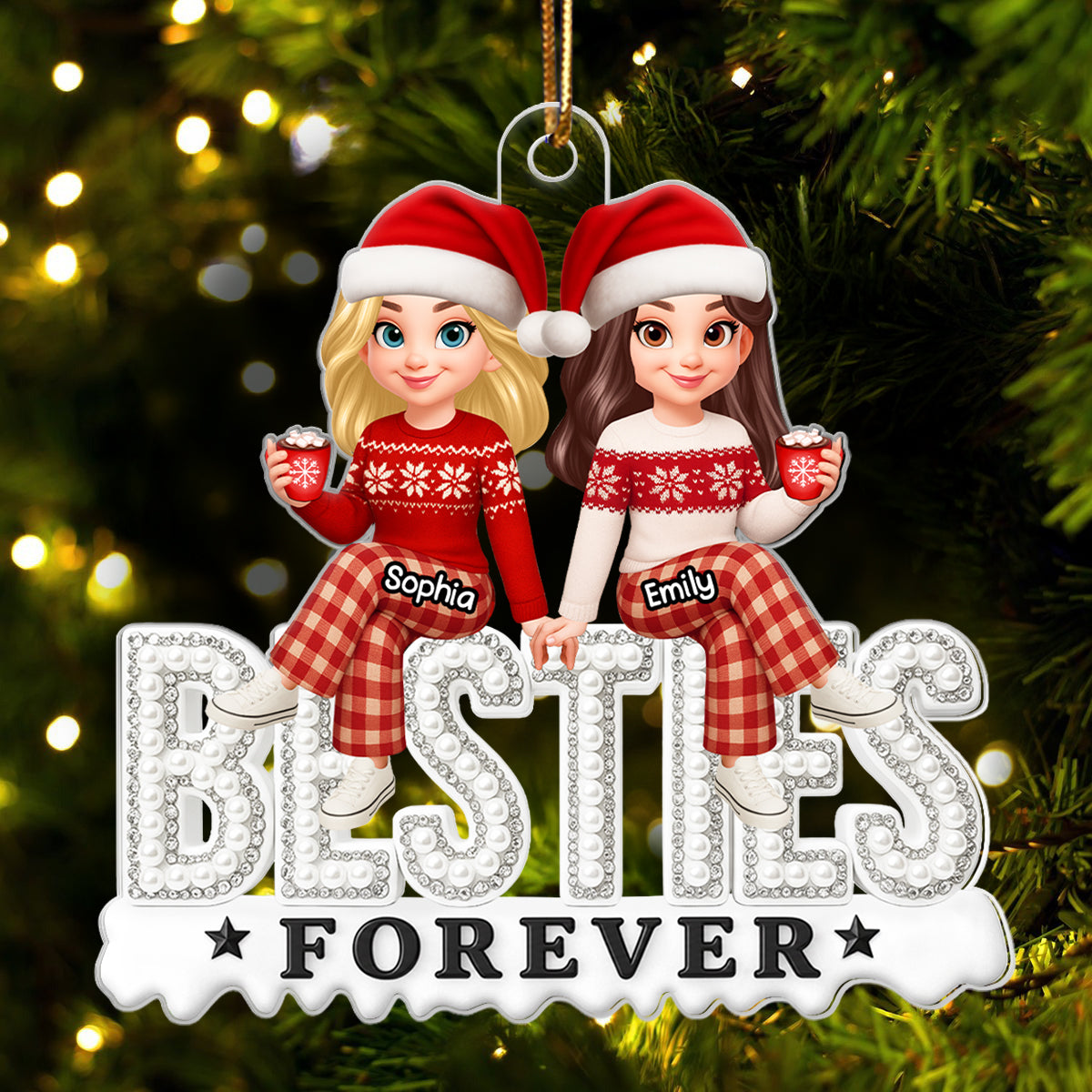 3D Pearl Rhinestone Besties - Personalized Acrylic Ornament - Christmas Gift for Best Friends