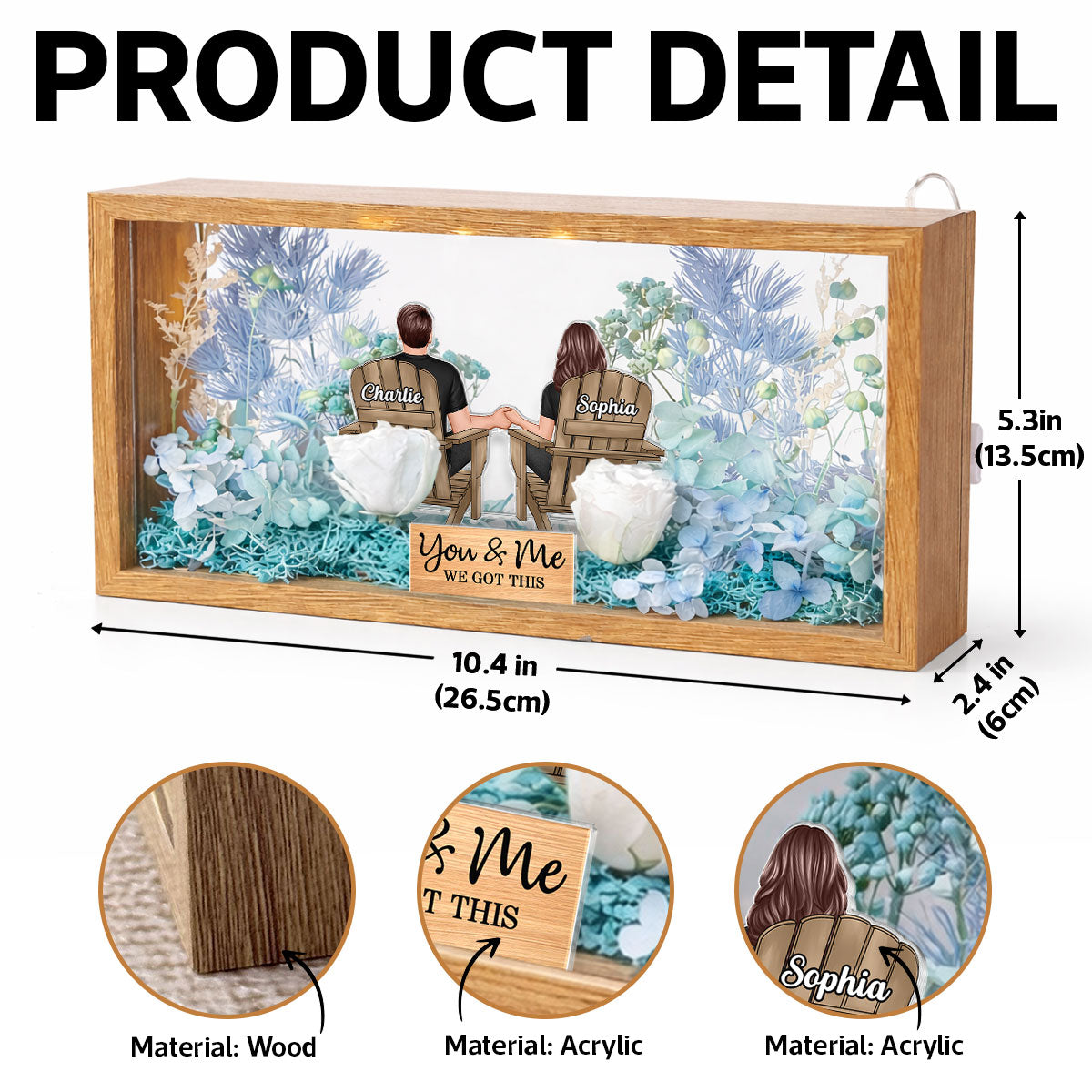 Eternal Love Back View Couple Sitting - Personalized DIY Flower Shadow Box LED Night Light - Gift For Couple, For Him, For Her