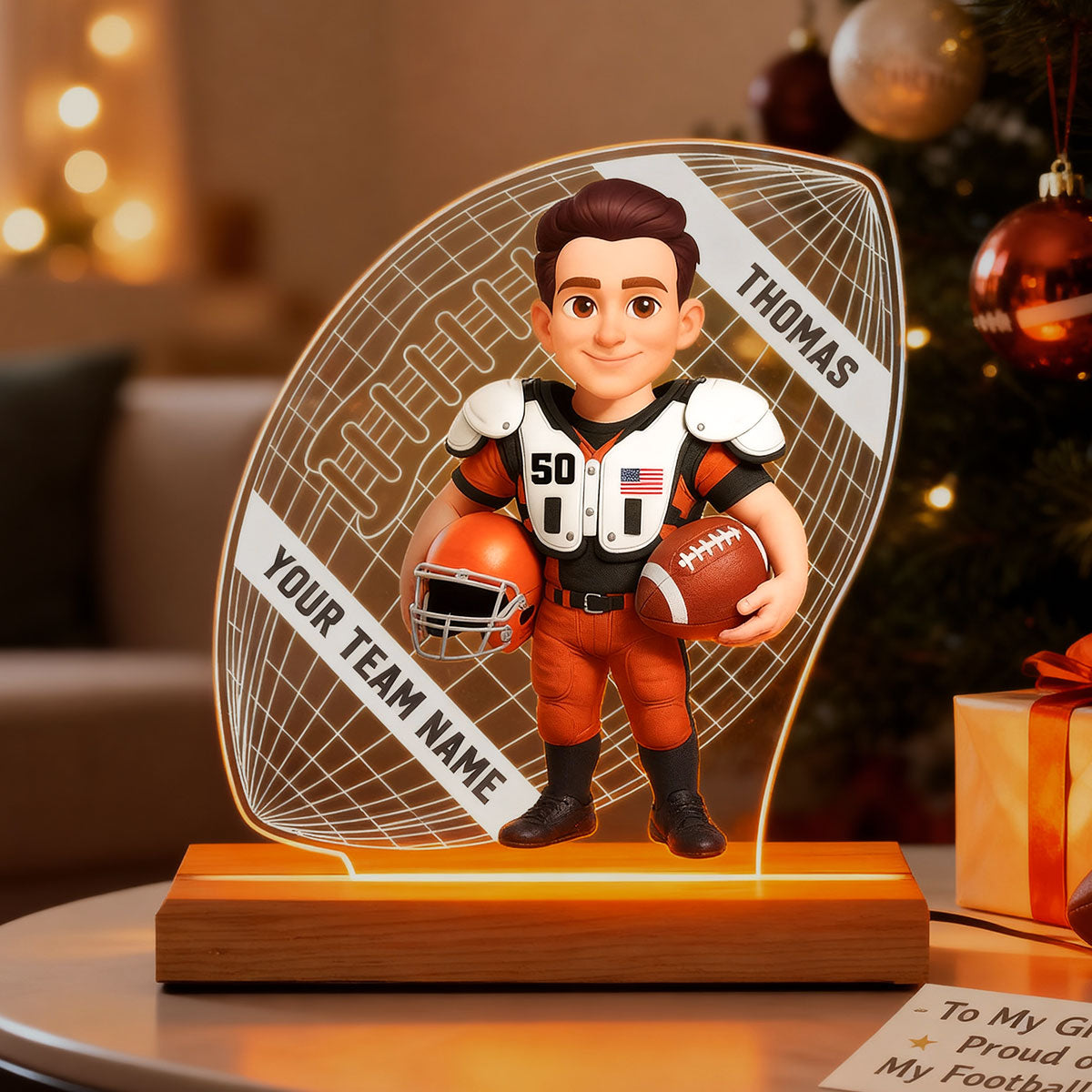 American Football 3D Illusion With Name - Personalize LED Night Light - Gift For Grandson, Son, American Football Lover