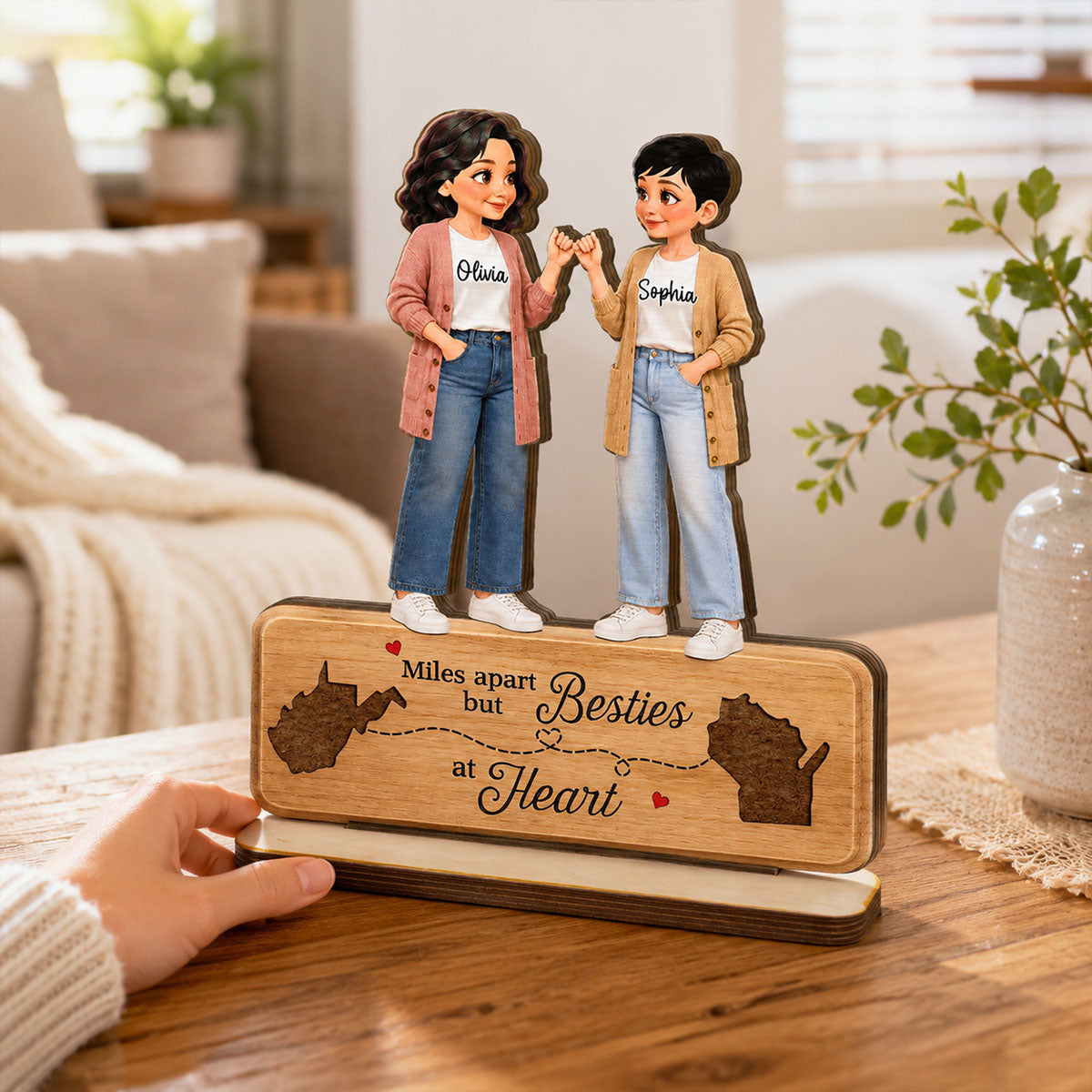 Pretty Besties Pinky Promise Miles Apart Besties At Heart 2D Flat - Personalized 2-Layered Wooden Plaque - Birthday Gift, Long Distance Friendship Gift for Best Friends