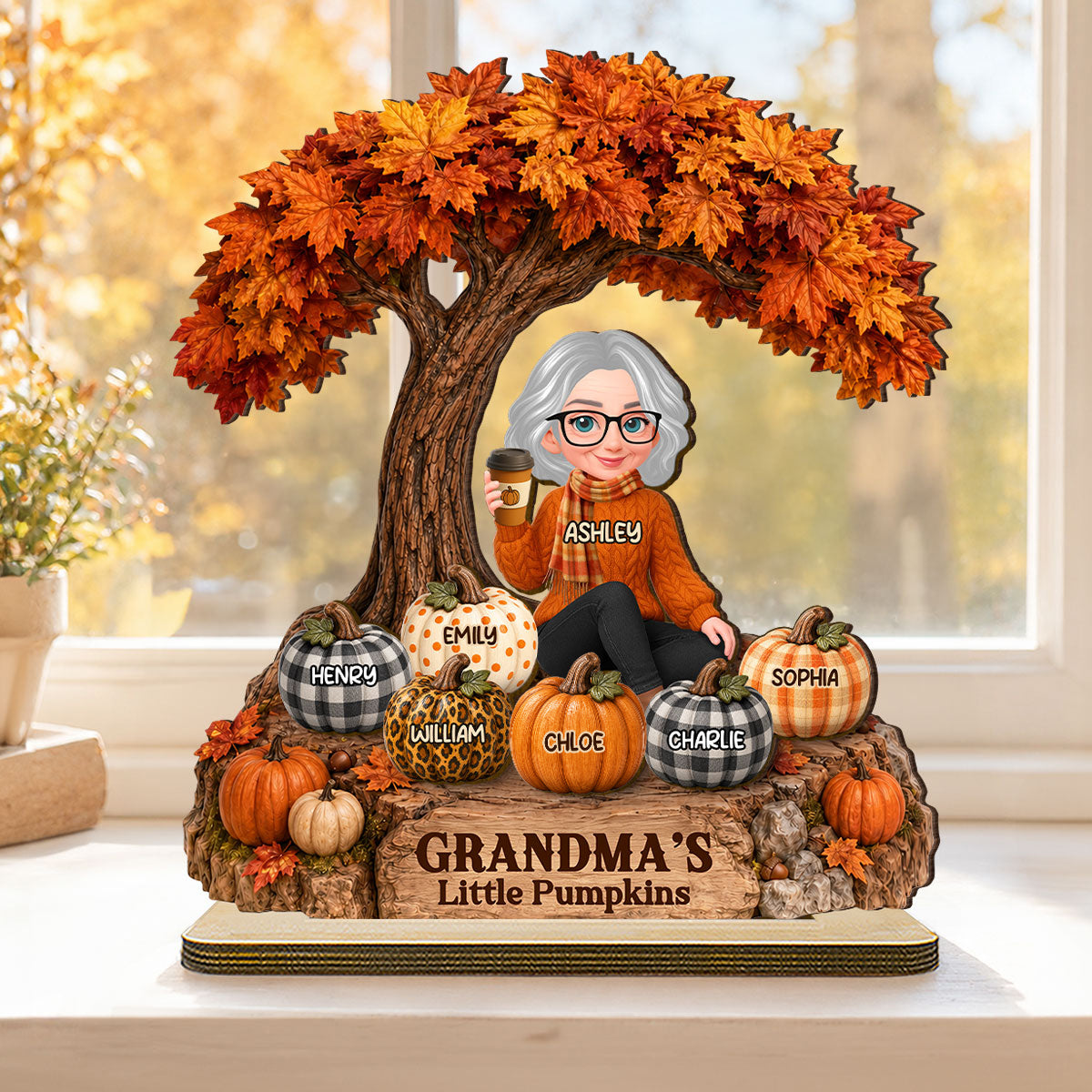 Fall Season Tree Grandma's Little Pumpkins - Personalized 2-Layered Wooden Plaque - Fall Decor For Grandma