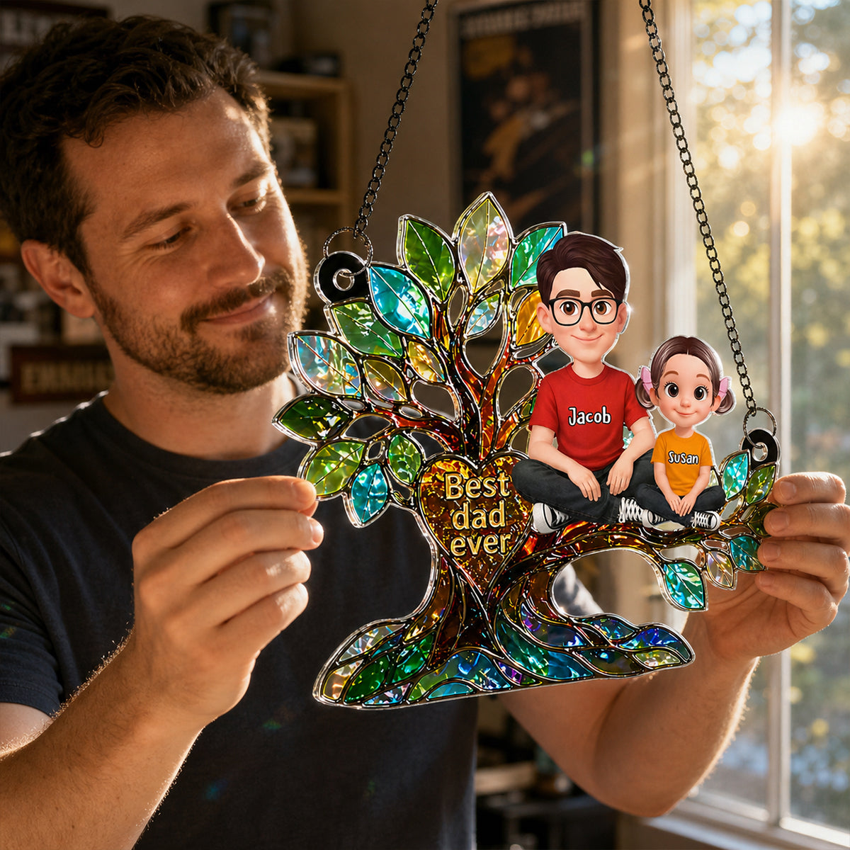 Best Dad Ever Tree of Life - Personalized Suncatcher - Father's Day Gift for Dad, Dad's Man Cave Decor