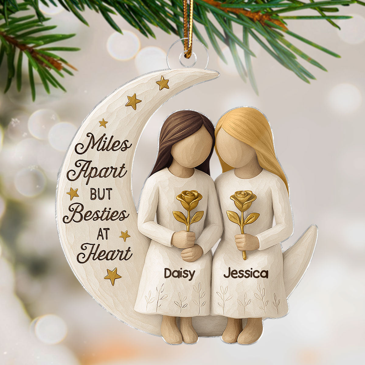 3D Effect Wooden Texture Stars Besties On Moon - Personalized Acrylic Ornament - Christmas Gift For Best Friends