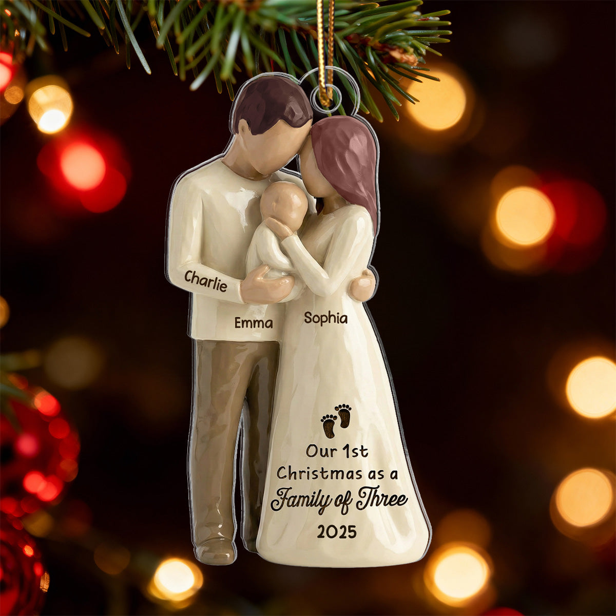 3D Effect First Christmas As Family Of Three Mom Dad & Baby - Personalized Car Hanger