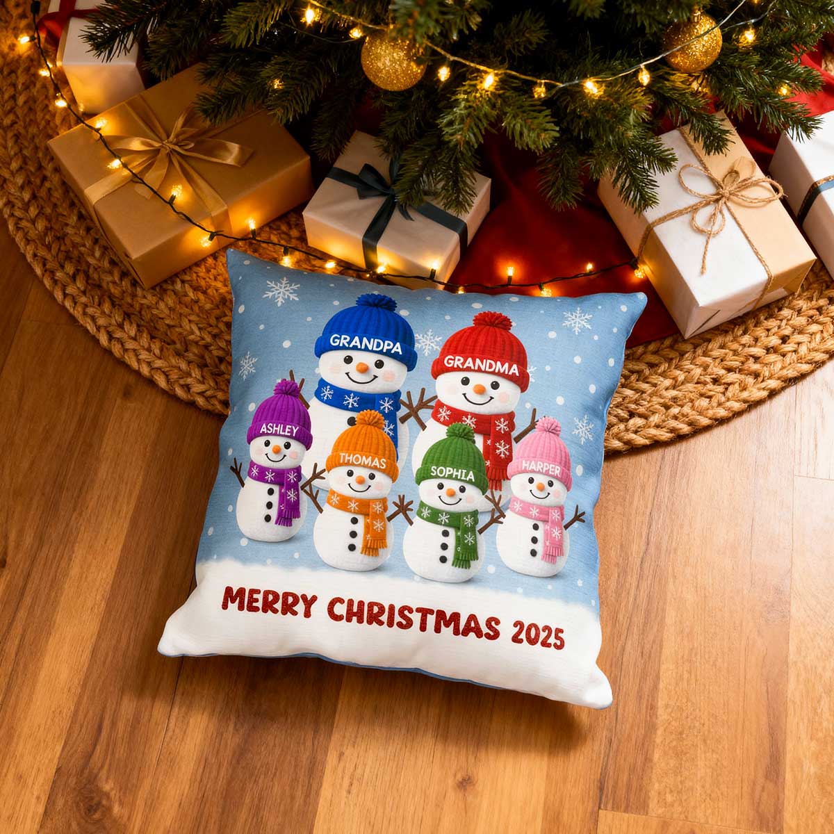 3D Effect Velvet Texture Christmas Grandma Grandkids Snowman Together - Personalized Pillow