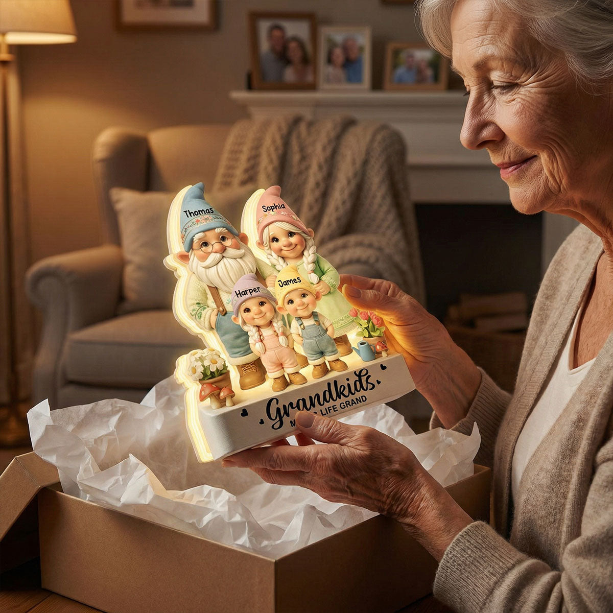 Gnome Grandma Grandpa Grandkids - Personalized Light Box - Mother's Day Gift For Grandma