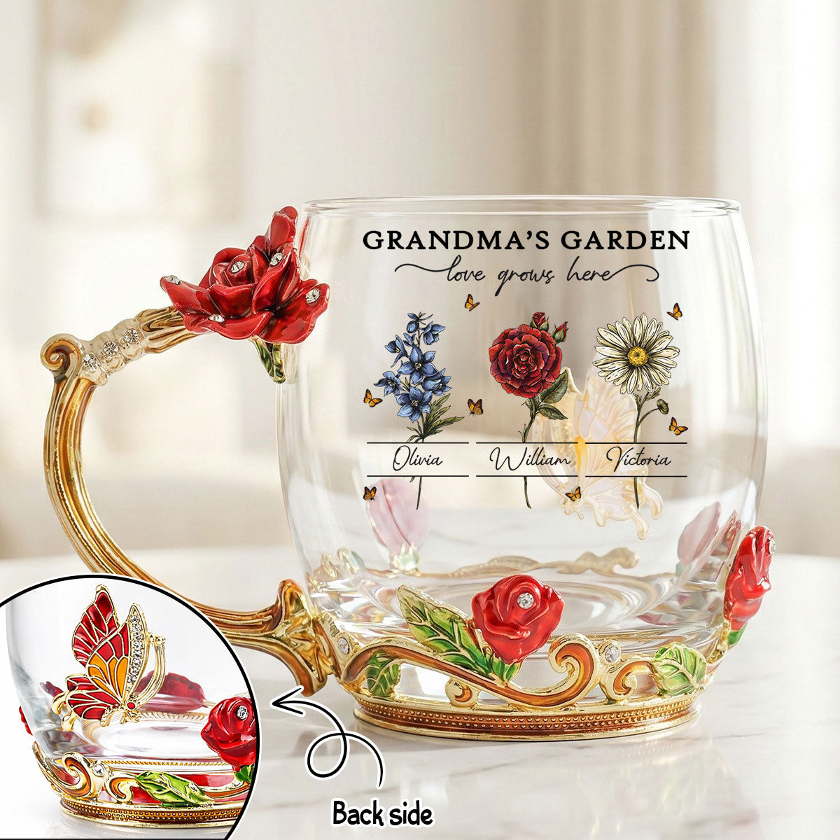 Vintage Grandma Garden Custom Birth Month Flowers - Personalized Enamel Flower Tea Cup - Gift For Grandma, Mom