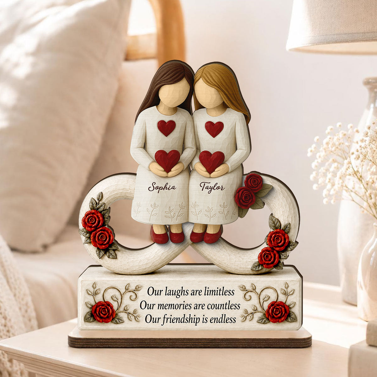 Roses Besties Infinity Our Friendship Is Endless - Personalized 2-Layered Wooden Plaque - Birthday Gift, Gift For Best Friends