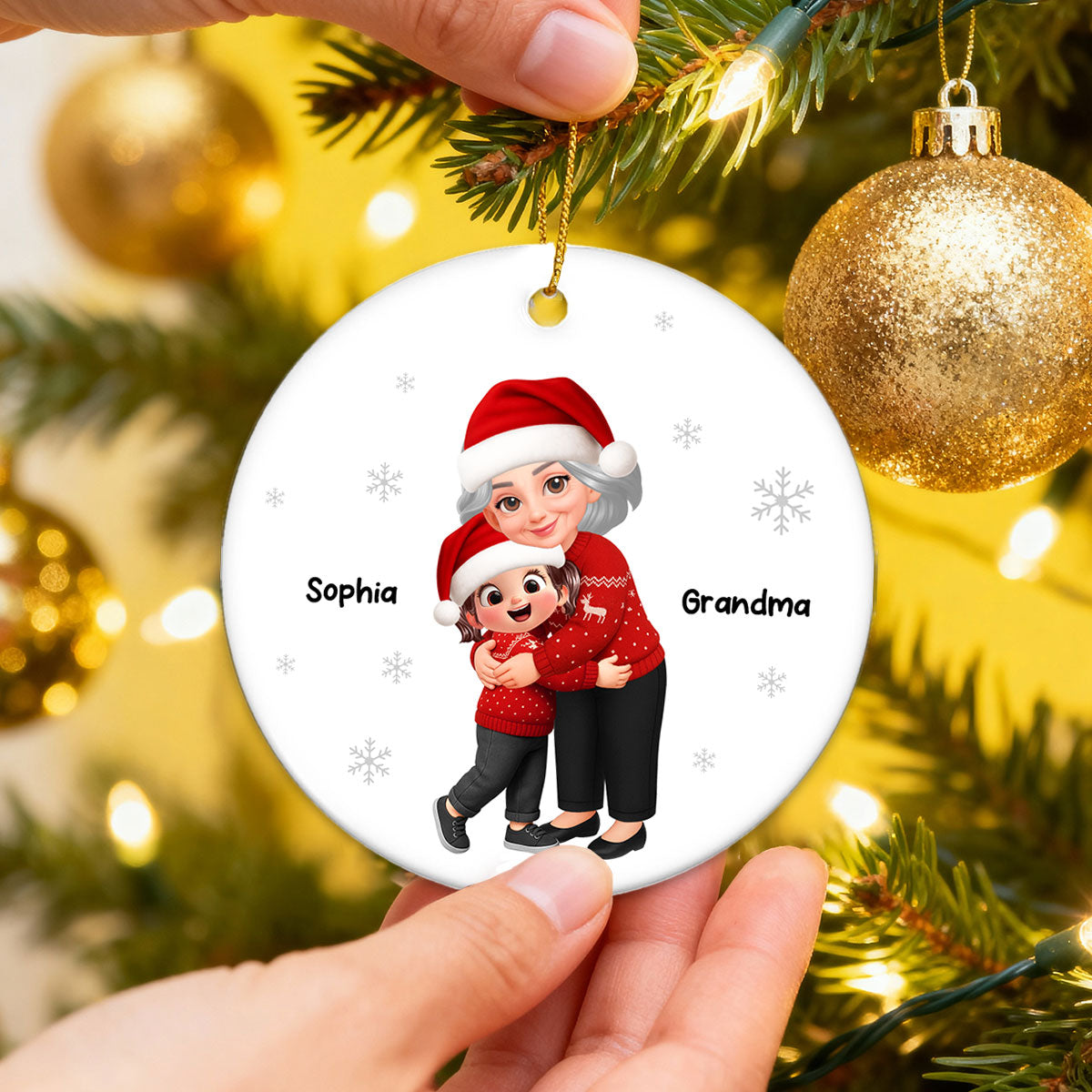 Christmas Grandma Hugging Grandkid - Personalized Ceramic Ornament - Heartwarming Gift For Kids, Grandmas