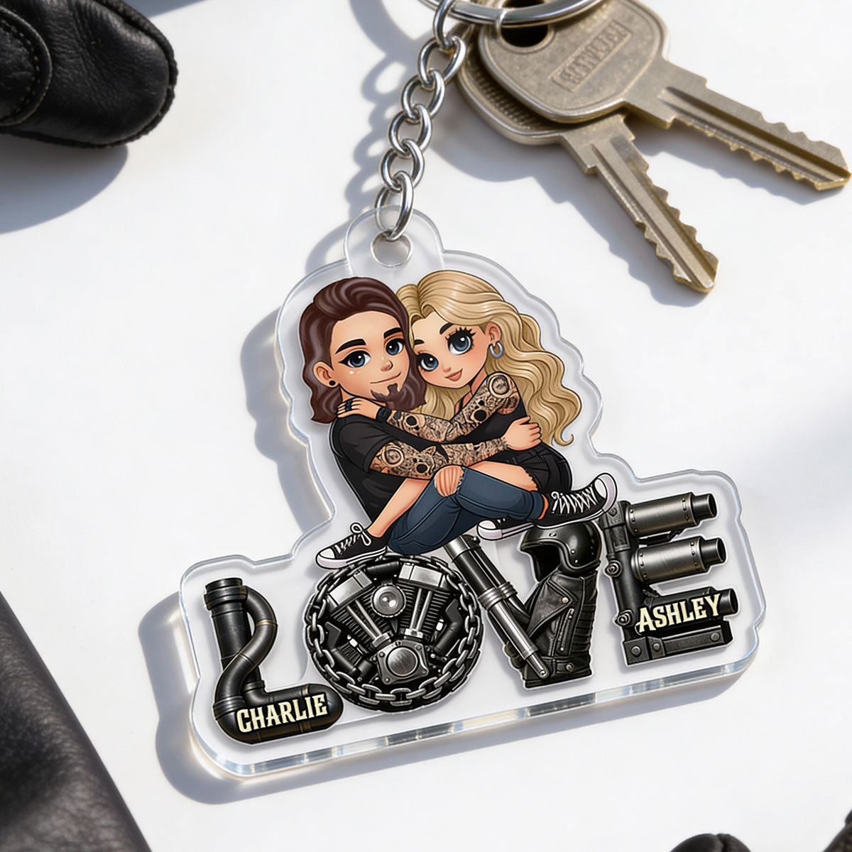 Biker Couple Together - Personalized Acrylic Keychain - Gift For Bikers, Gift For Him, For Her