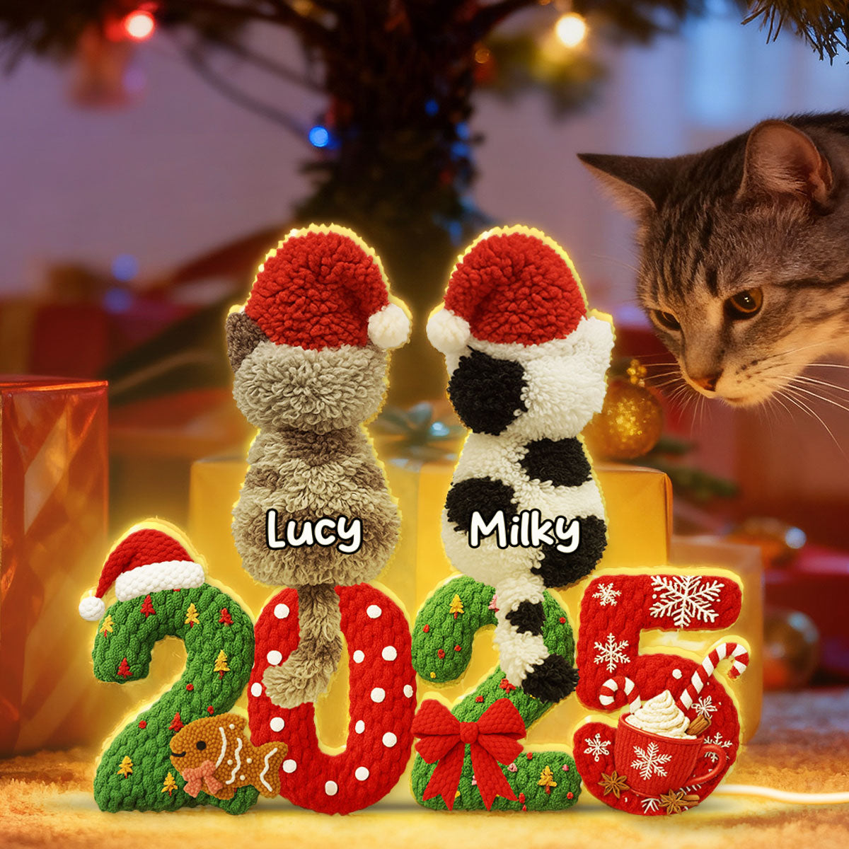 2025 Cat Lovers Latch Hook Yarn Faux - Personalized Light Box - Christmas Gift for Cat Moms, Cat Dads