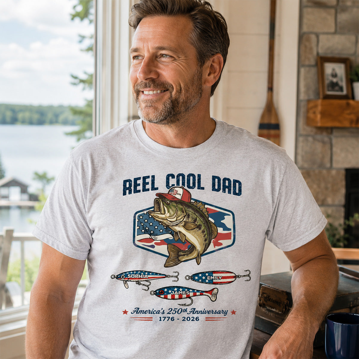 Reel Cool Dad Grandpa Custom Kid Names - Personalized Shirt - American 250th Anniversary Gift For Patriotics