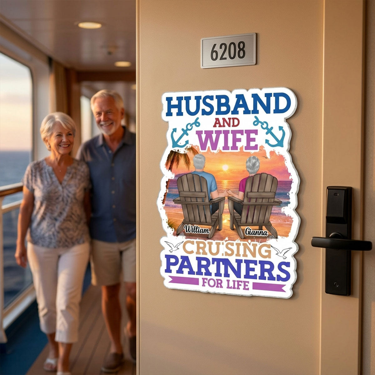 Husband & Wife Cruising Partners For Life Porthole Couple Back View - Personalized Cruise Ship Door Magnet