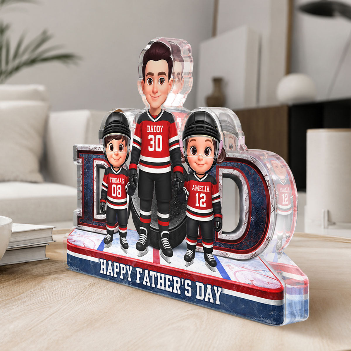 Hockey Dad And Kids Together Front View - Personalized Acrylic Block Plaque -  Gift For Dad, Husband