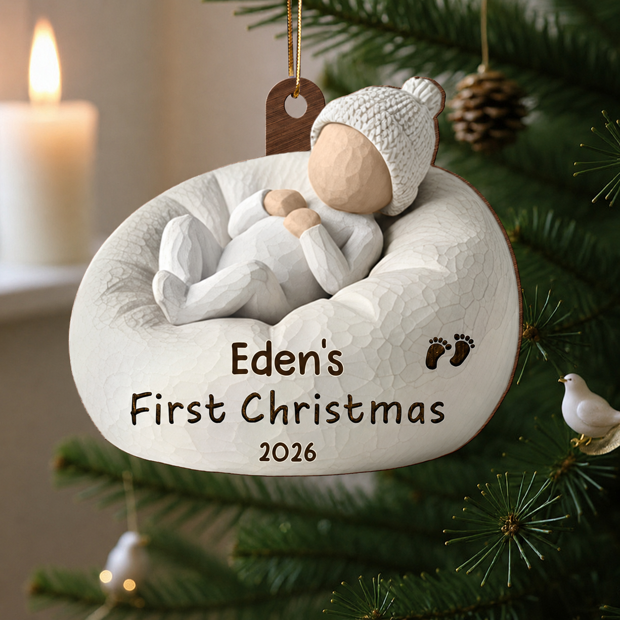 3D Effect Baby's First Christmas Baby On Beanbag Chair - Personalized Wooden Ornament